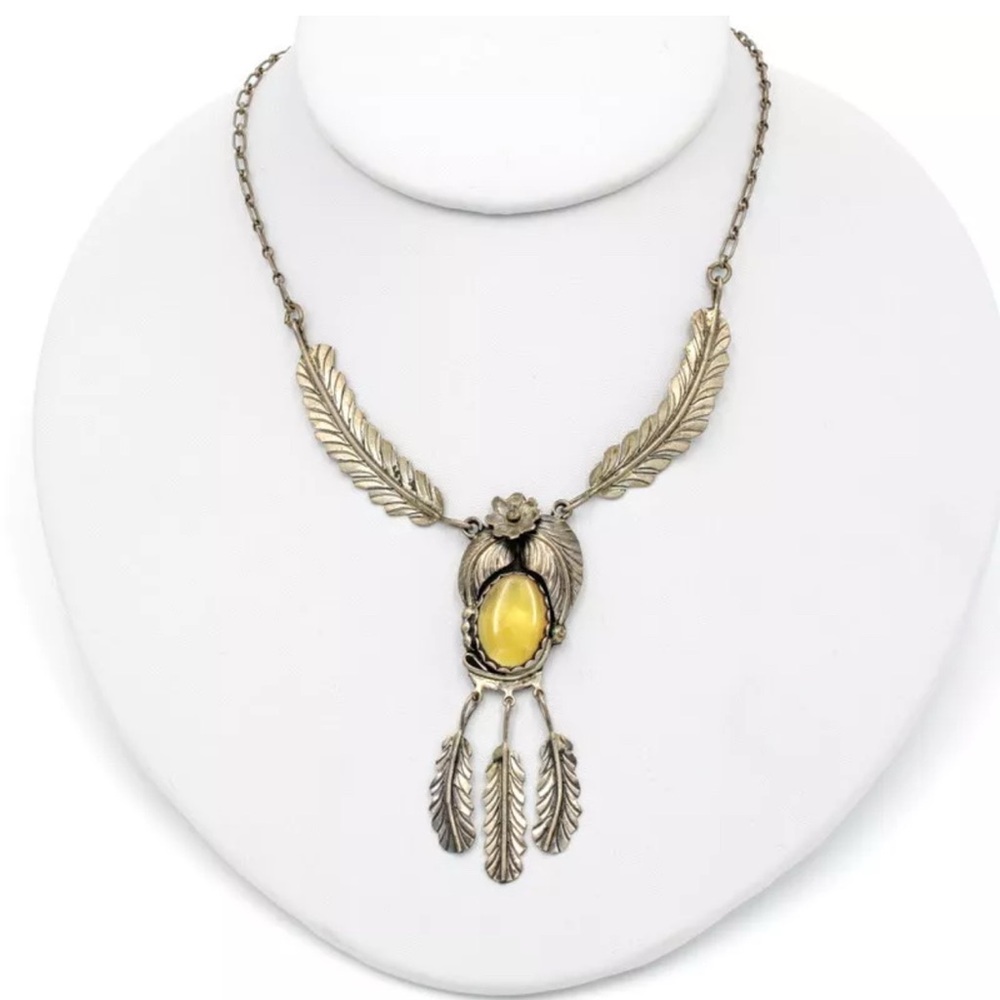 Native American Silver Feather Necklace with Yellow Cabachon- 20 inch